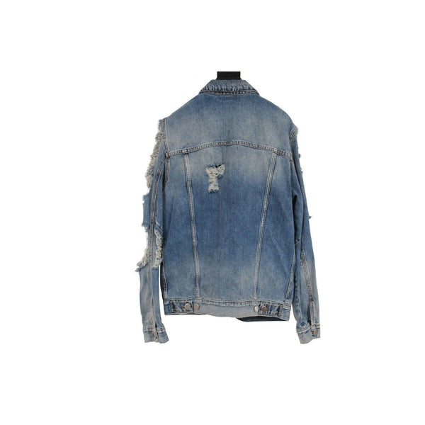 Balmain Mens Distressed Jeans Jacket Size Large Blue Denim Logo Ripped Sleeves THE ECHELON