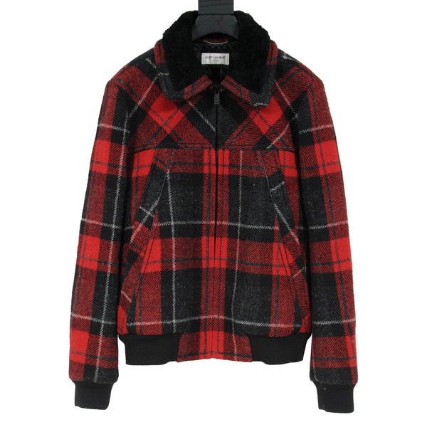 Cameron Red Plaid Jacket With Shearling Collar - USAJacket