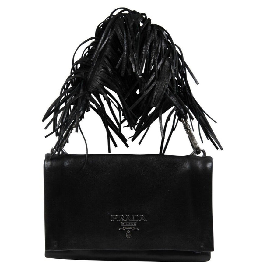 Prada  Fringe Ruffle Flap Shoulder Bag Black Nappa Leather Small Logo
