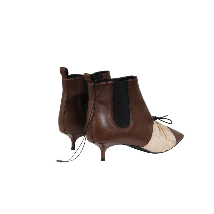 Rosie Assoulin Chelsea Boot Brown Leather Kitten Tan Pleated Accent