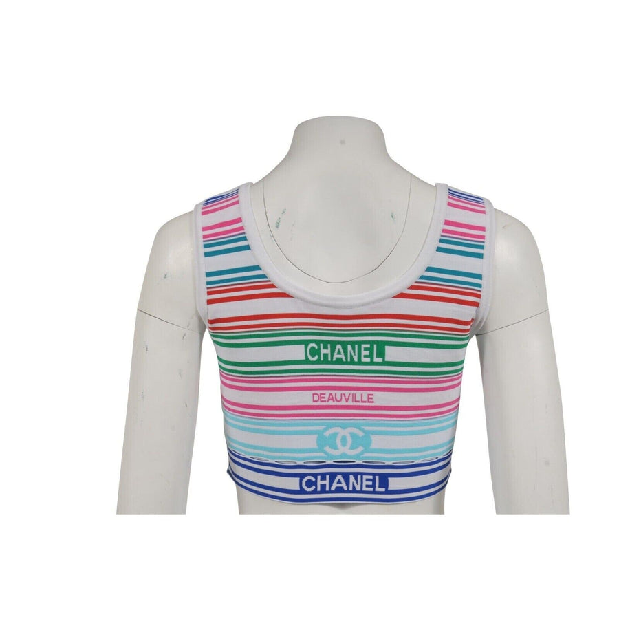 19P Cruise Rainbow Striped Top Skirt Set Size 38 White Pink Blue CC Logo CHANEL 