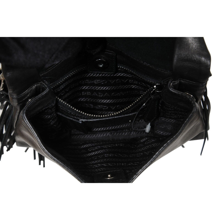 Prada  Fringe Ruffle Flap Shoulder Bag Black Nappa Leather Small Logo