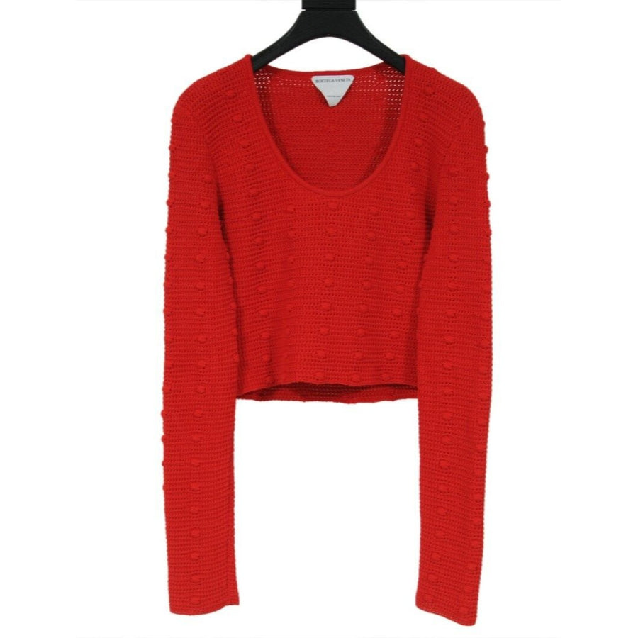 Bottega Venetta Cropped Knit Sweater Red Cotton Round Neck Long Sleeve