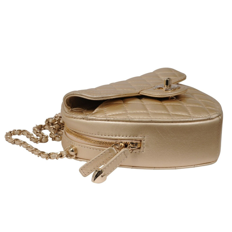Chanel Womens Gold Metallic Lambskin Quilted CC Logo Large Heart Crossbody Bag