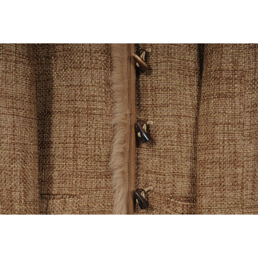 Prada Vintage Collarless Jacket  Brown Tan Wool Tweed Fur Trim