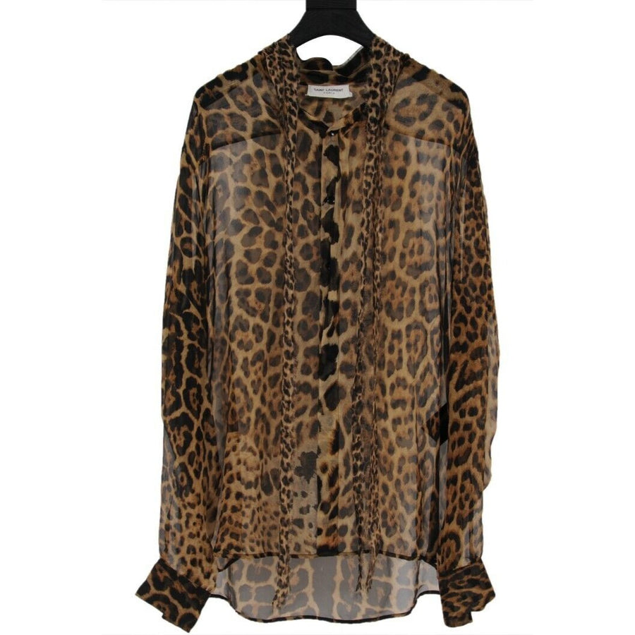 Tie Front Button Down Shirt Large Silk Leopard Cheetah Animal