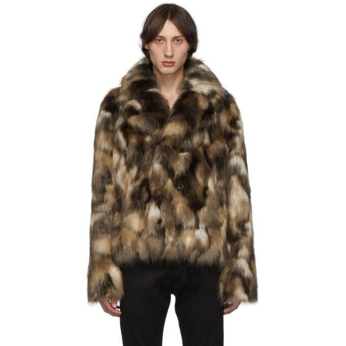 Men Double Breasted Faux Fur Coat Brown Tan Jacket Coat