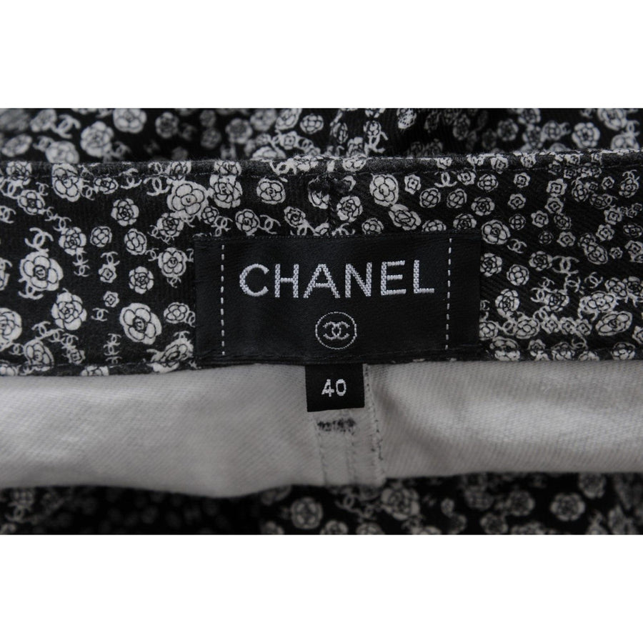 Chanel Women CC Logo Floral Camellia Print Jeans  Black White Stretch Cotton