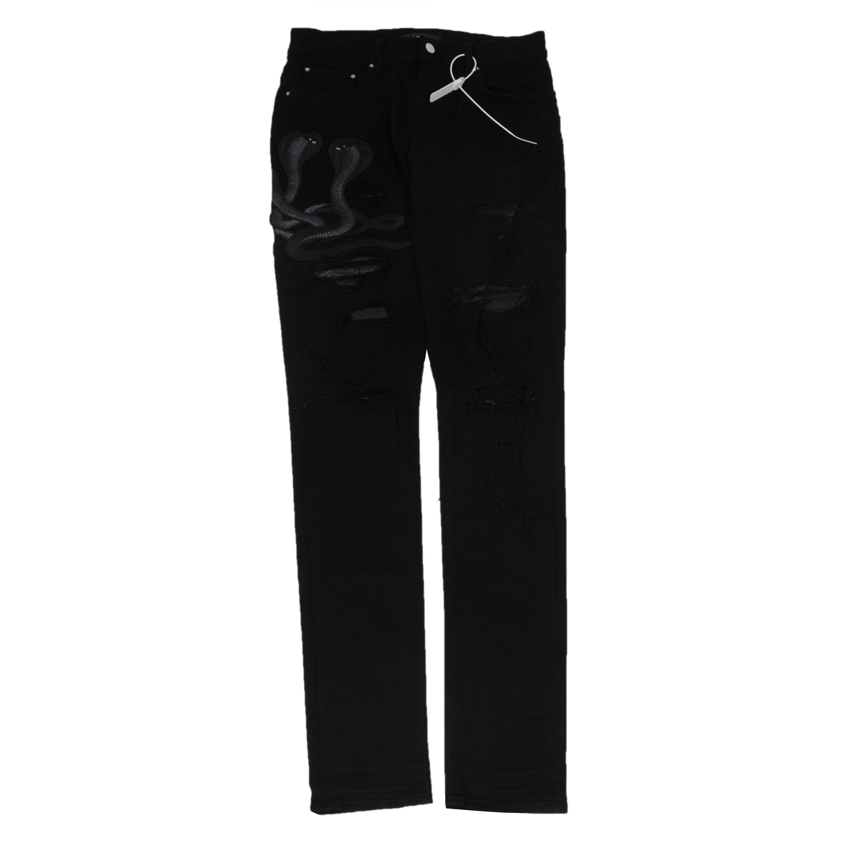 Amiri Mens Art Patch Cobra Python Snake Jeans Black Denim Size