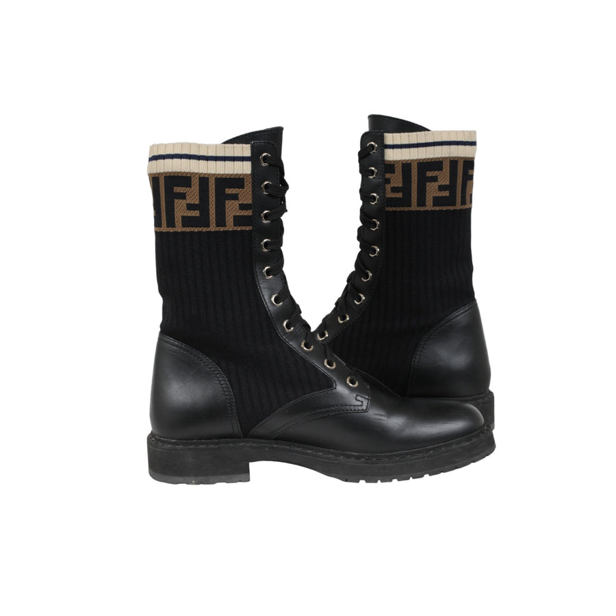 Fendi Rockoko Combat Boots Black Leather FF Zucca Logo Brown