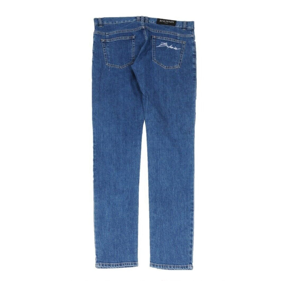 Balmain Men Slim Jeans Size 33x34 Blue Indigo Knee Slashed Distressed Logo Denim Balmain 