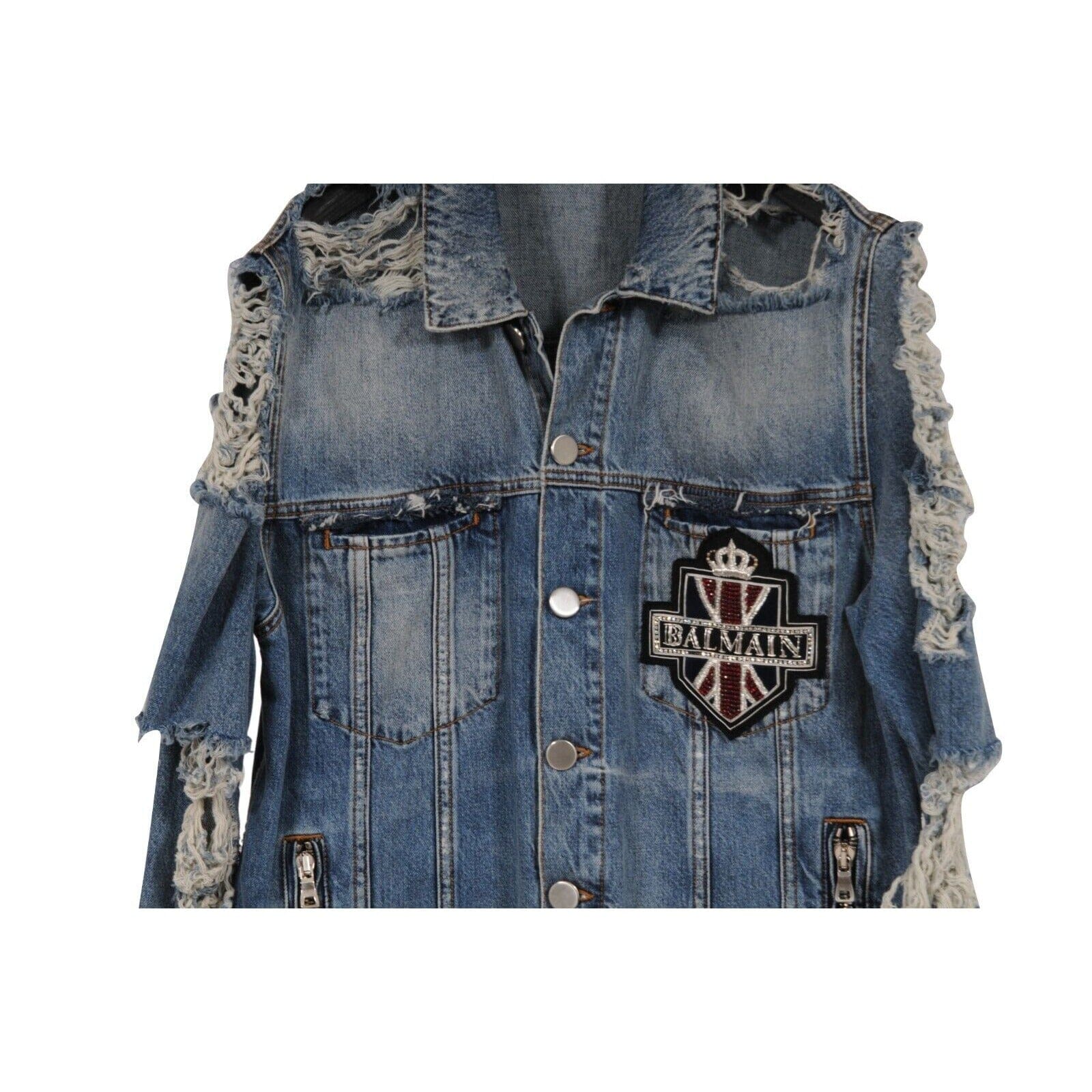 週末限定BALMAIN デニムブルゾン Balmain Mens Distressed Jeans Jacket Size Large Blue Denim Logo