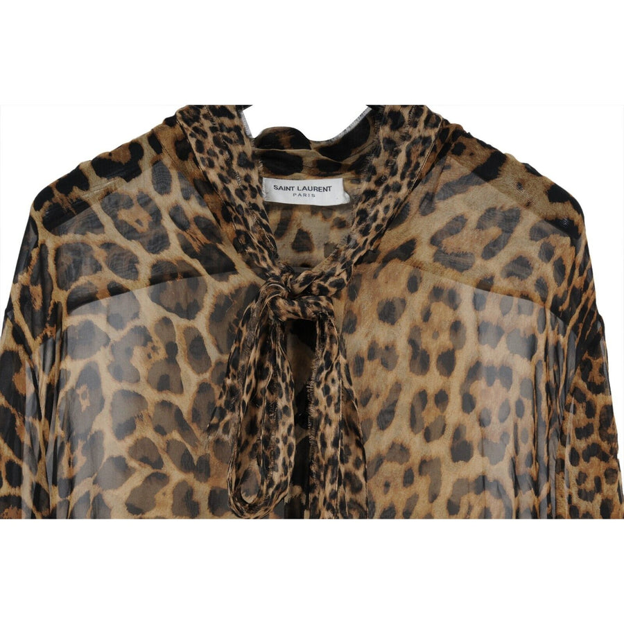 Tie Front Button Down Shirt Large Silk Leopard Cheetah Animal