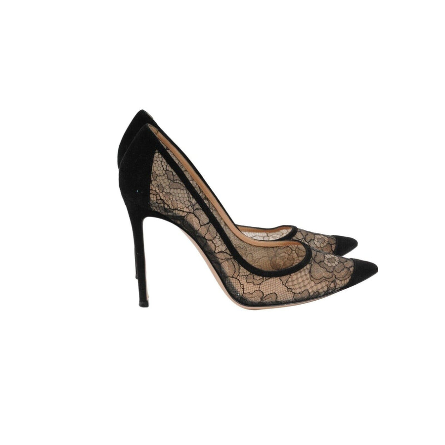Black Floral Lace Pointed Cap Toe Pump Heels Gianvito Rossi 