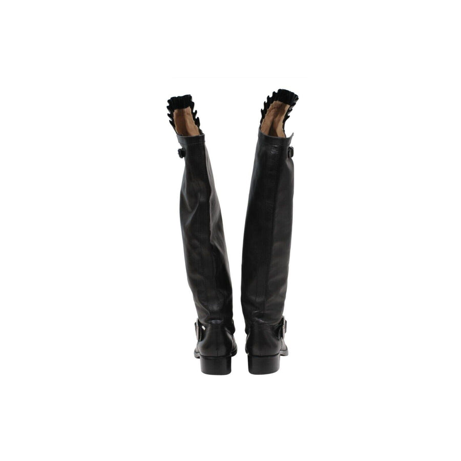 Black Leather Ruffle Top Tall Motorcycle Boots VALENTINO 