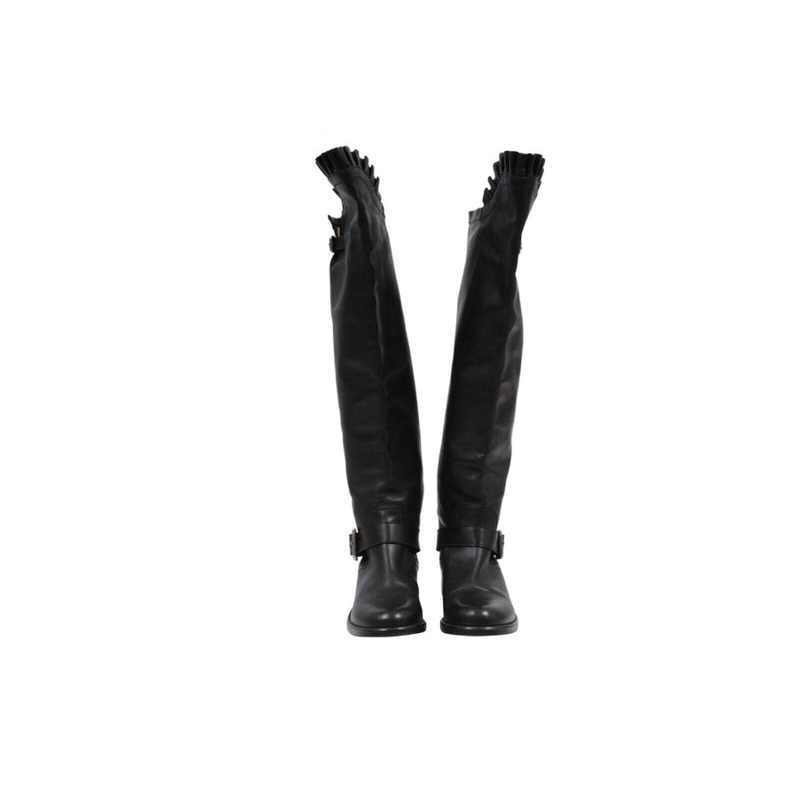Black Leather Ruffle Top Tall Motorcycle Boots VALENTINO 