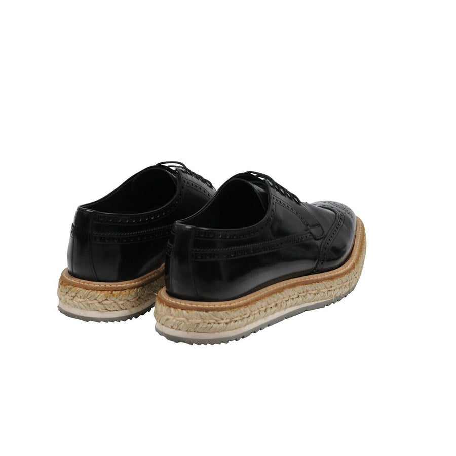 Black Leather Wingtip Espadrille Medallion Platform Brogue Prada 