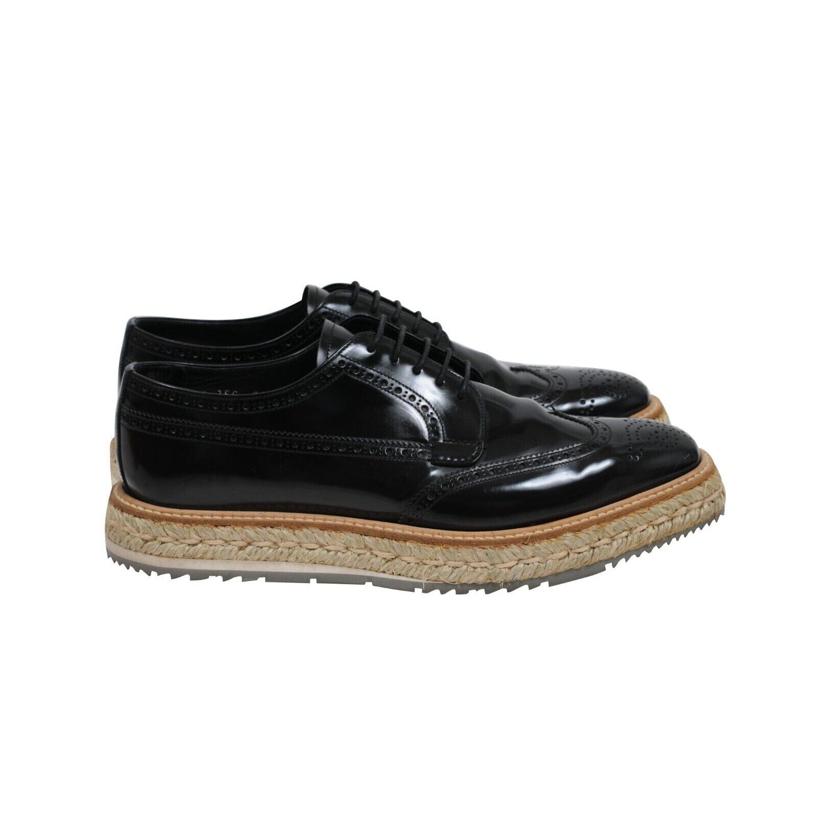 Prada Mens Black Leather Wingtip Espadrille Medallion 