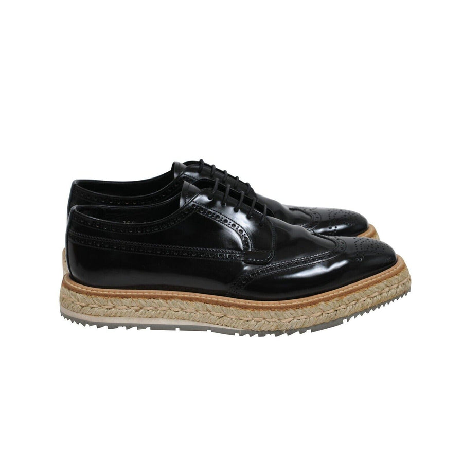 Black Leather Wingtip Espadrille Medallion Platform Brogue Prada 