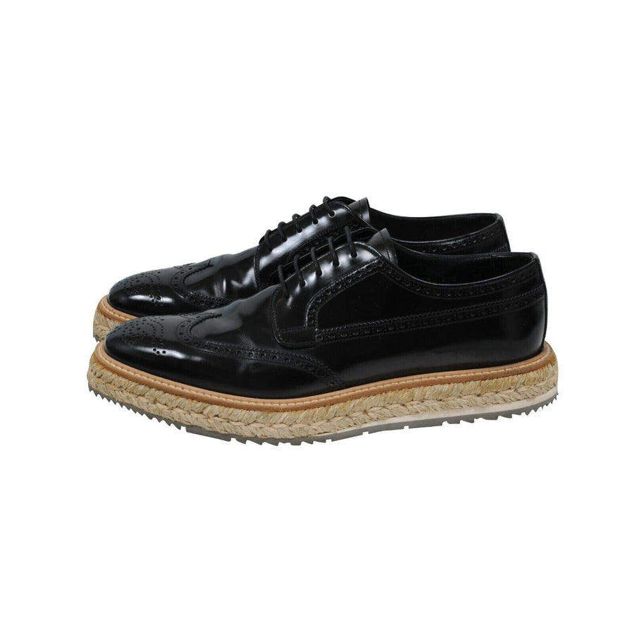 Black Leather Wingtip Espadrille Medallion Platform Brogue Prada 