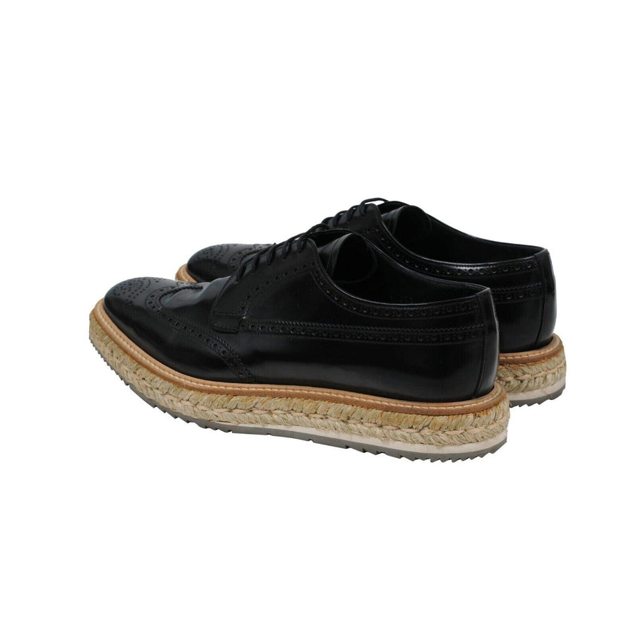 Black Leather Wingtip Espadrille Medallion Platform Brogue Prada 