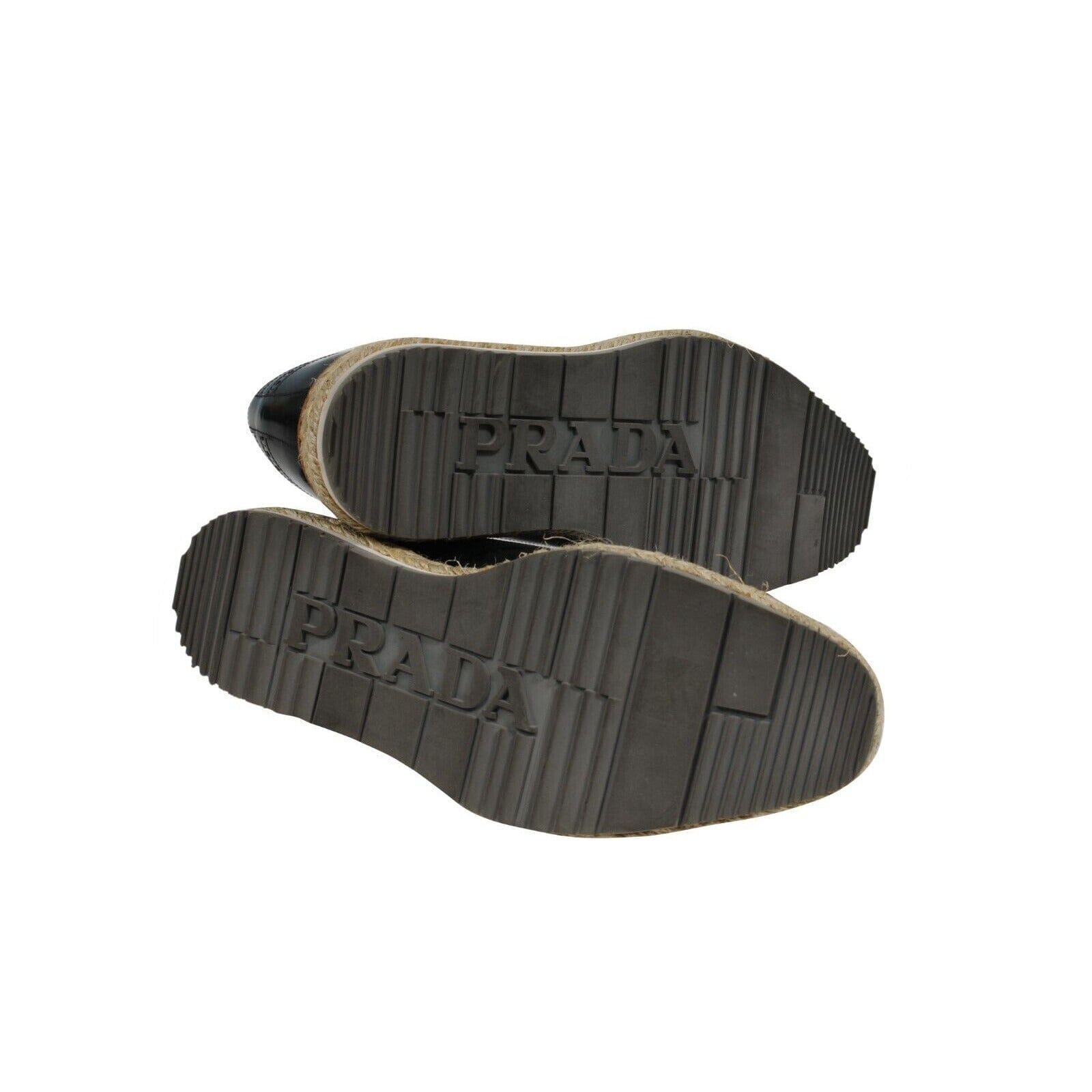 Prada Mens Black Leather Wingtip Espadrille Medallion Platform