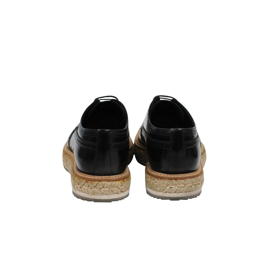 Black Leather Wingtip Espadrille Medallion Platform Brogue Prada 