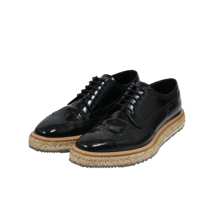 Prada Mens Black Leather Wingtip Espadrille Medallion Platform