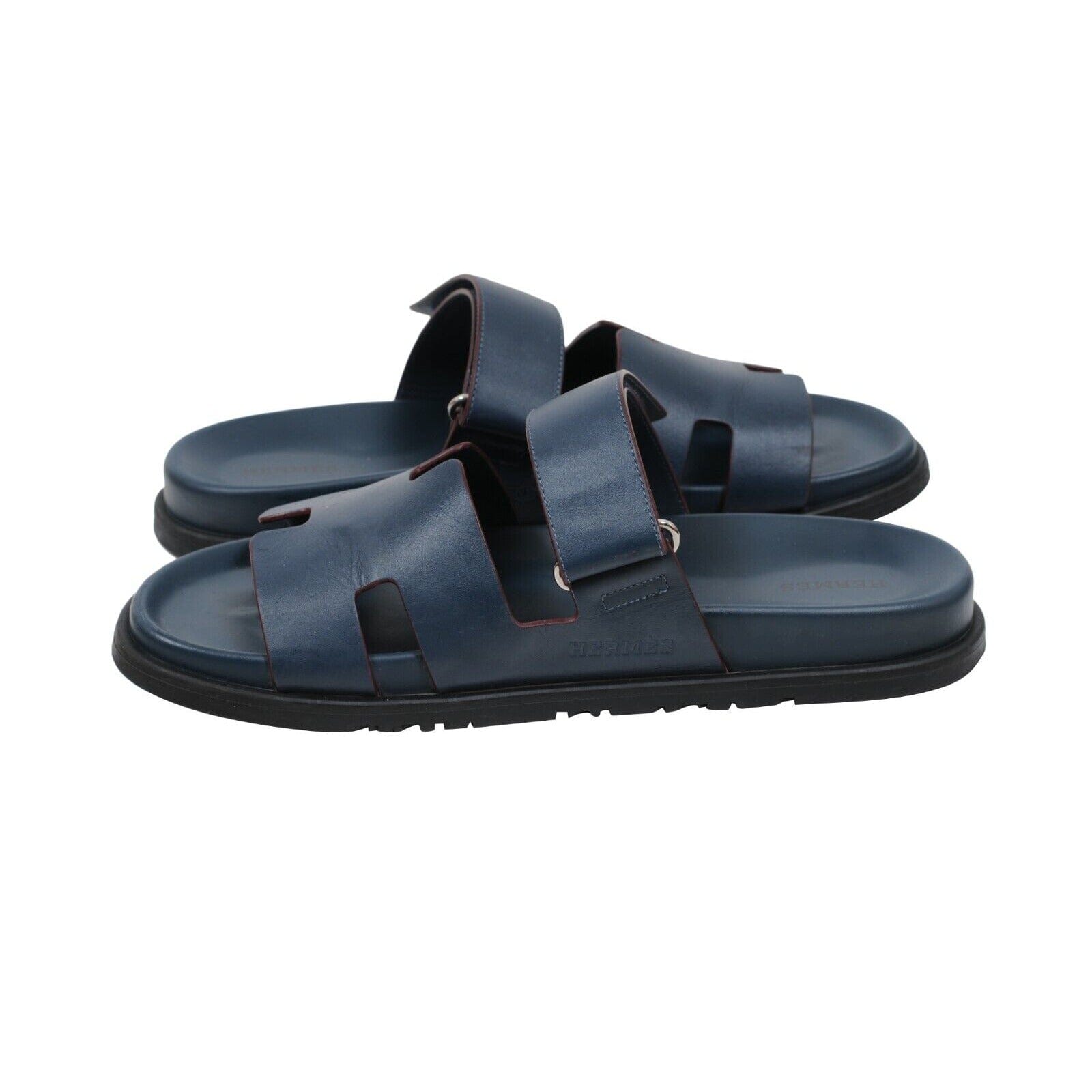 Hermes Mens Chypre Sandals US9 EU42 Blue Leather Strap H 