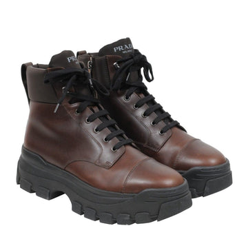 Brown Leather Chunky Sole Side Zip Monolith Combat Boots Prada 