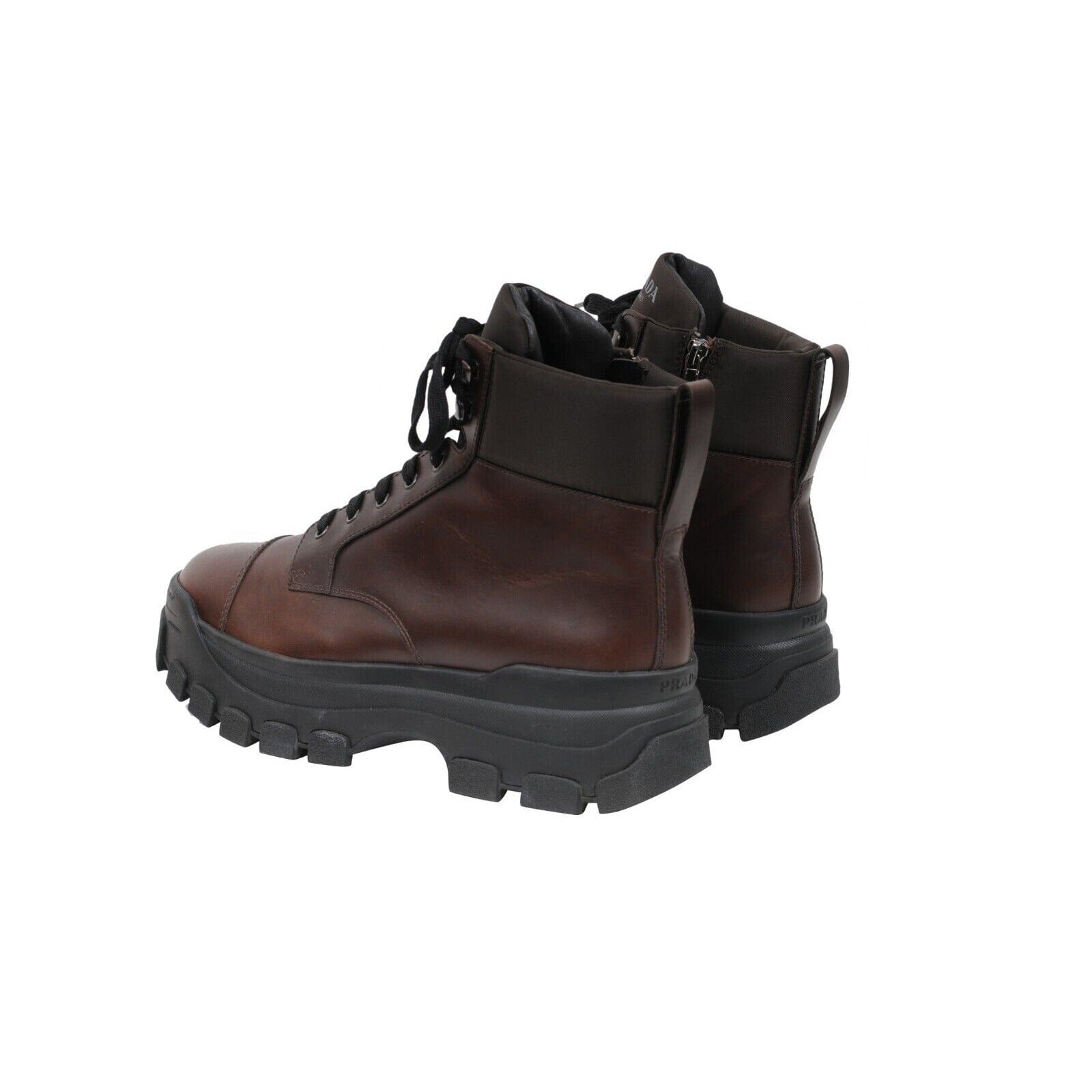 Prada Chunky Men\'s Combat Vibram Boot Brown Leather T0330 Size 7.5 brown-leather-chunky-sole-side  main image 2