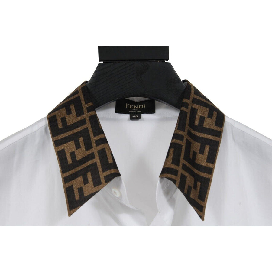 Button Down Shirt White BrownWhite FF Logo Collar Long Sleeve Fendi 
