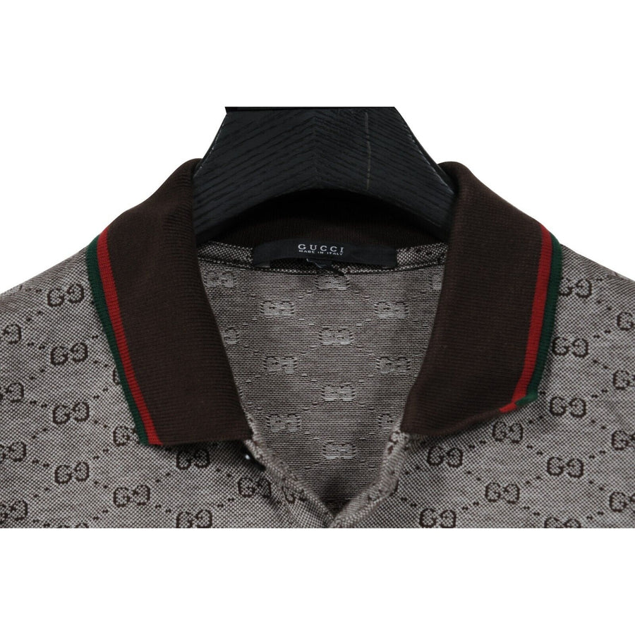 Interlocking GG Logo Polo Shirt Large Grey Brown Red Cotton Short Slee