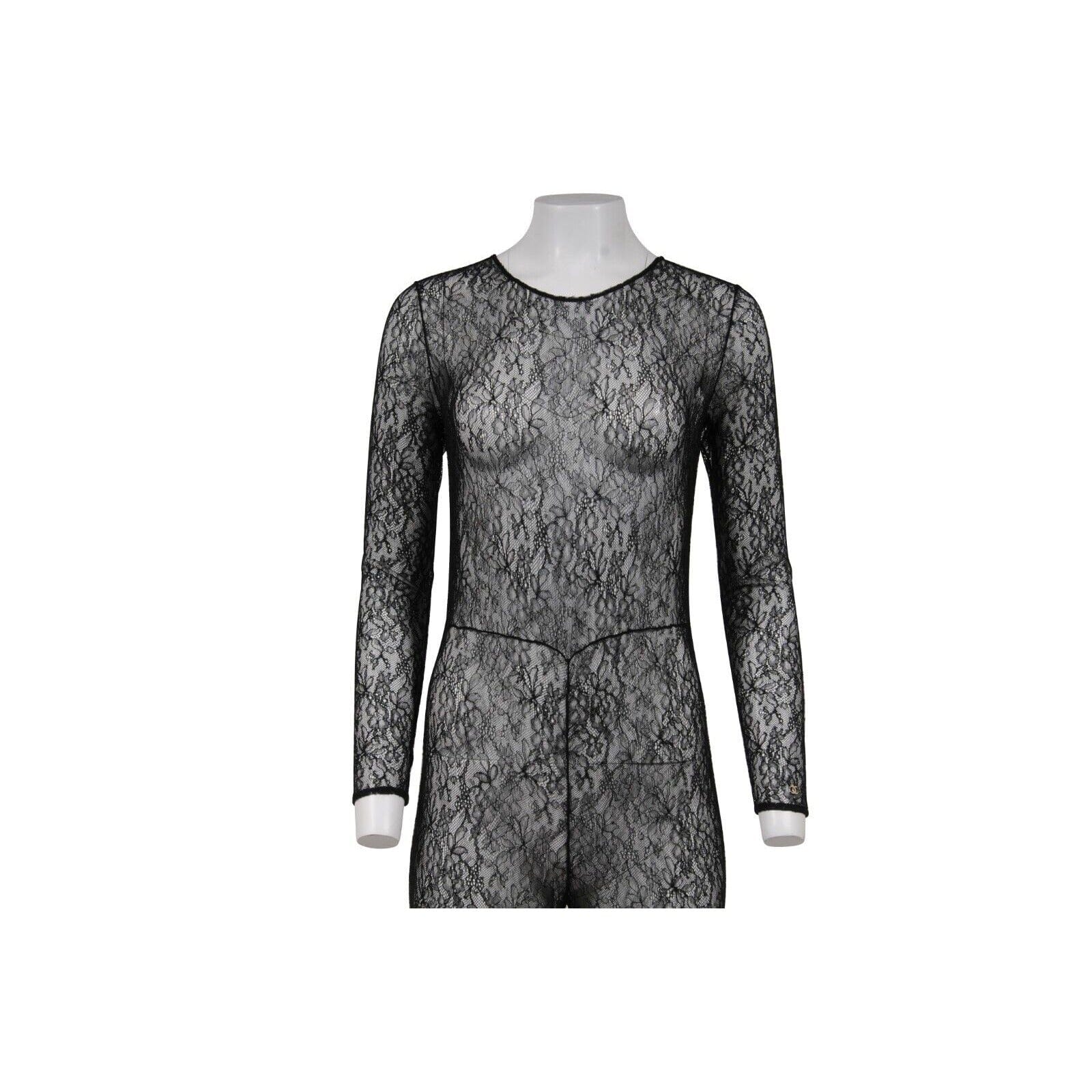 Chanel 20A Floral Jumpsuit Black Sheer Lace CC Loog Long Sleeve