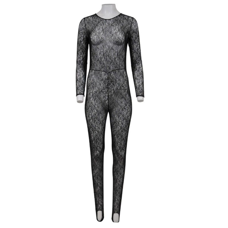 Chanel 20A Floral Jumpsuit Black Sheer Lace CC Loog Long Sleeve