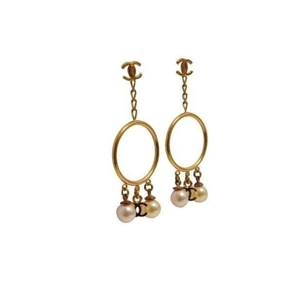 Chanel Vintage CC Logo Gold Pink White Pearl Hoop Drop Dangle Earrings CHANEL 