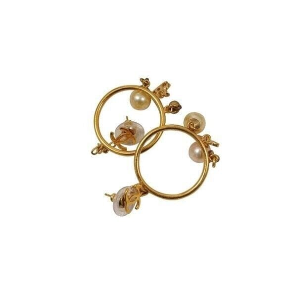 Chanel Vintage CC Logo Gold Pink White Pearl Hoop Drop Dangle Earrings CHANEL 