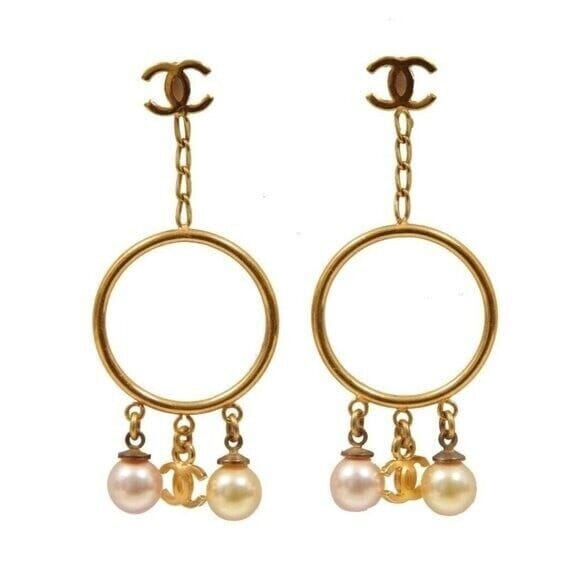 Chanel Vintage CC Logo Gold Pink White Pearl Hoop Drop Dangle Earrings CHANEL 