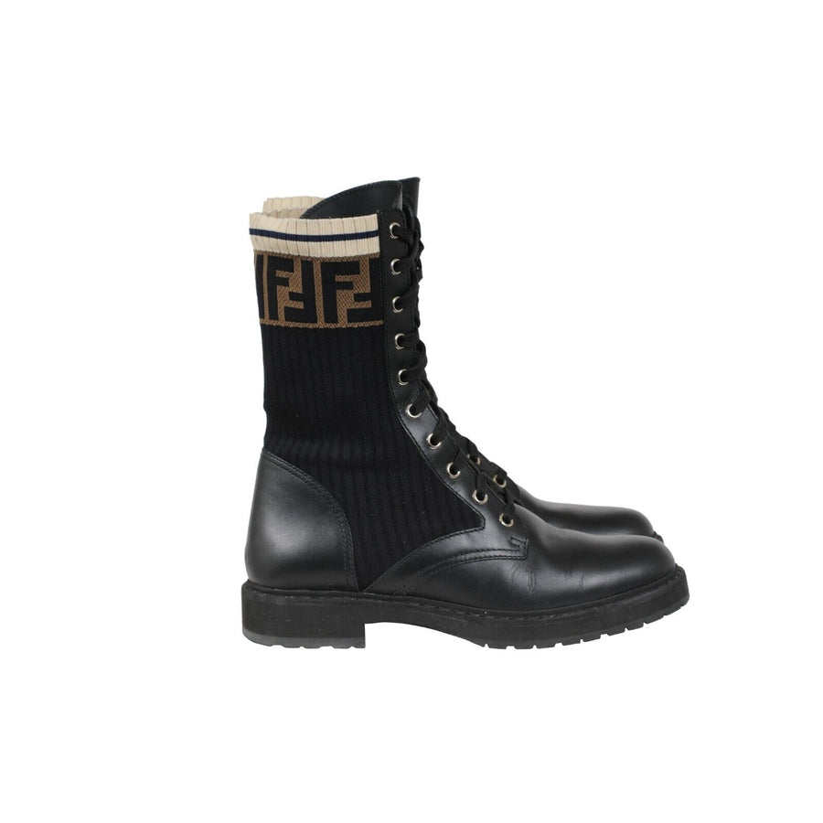 Fendi Rockoko Combat Boots Black Leather FF Zucca Logo Brown