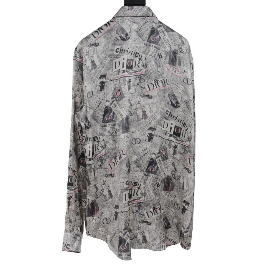 Newspaper Logo Button Down Shirt 100% Silk Grey White – THE-ECHELON