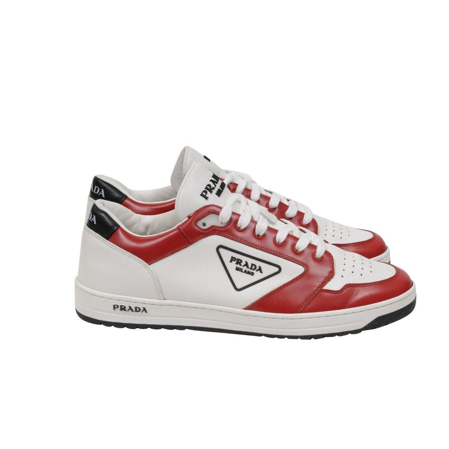 Downtown Sneakers Red White Black Leather Triangle Logo Low Prada 