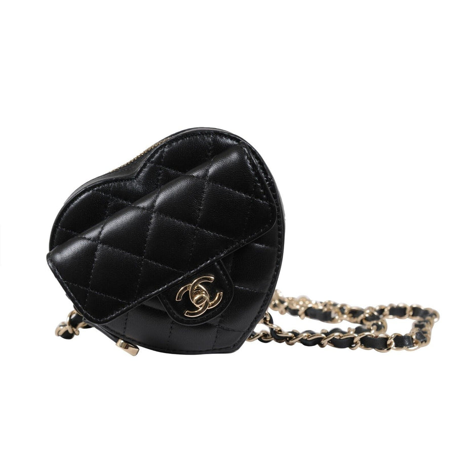 Chanel Womens CC In Love Heart Belt On a Chain Bag Black Lambskin Quilted Gold