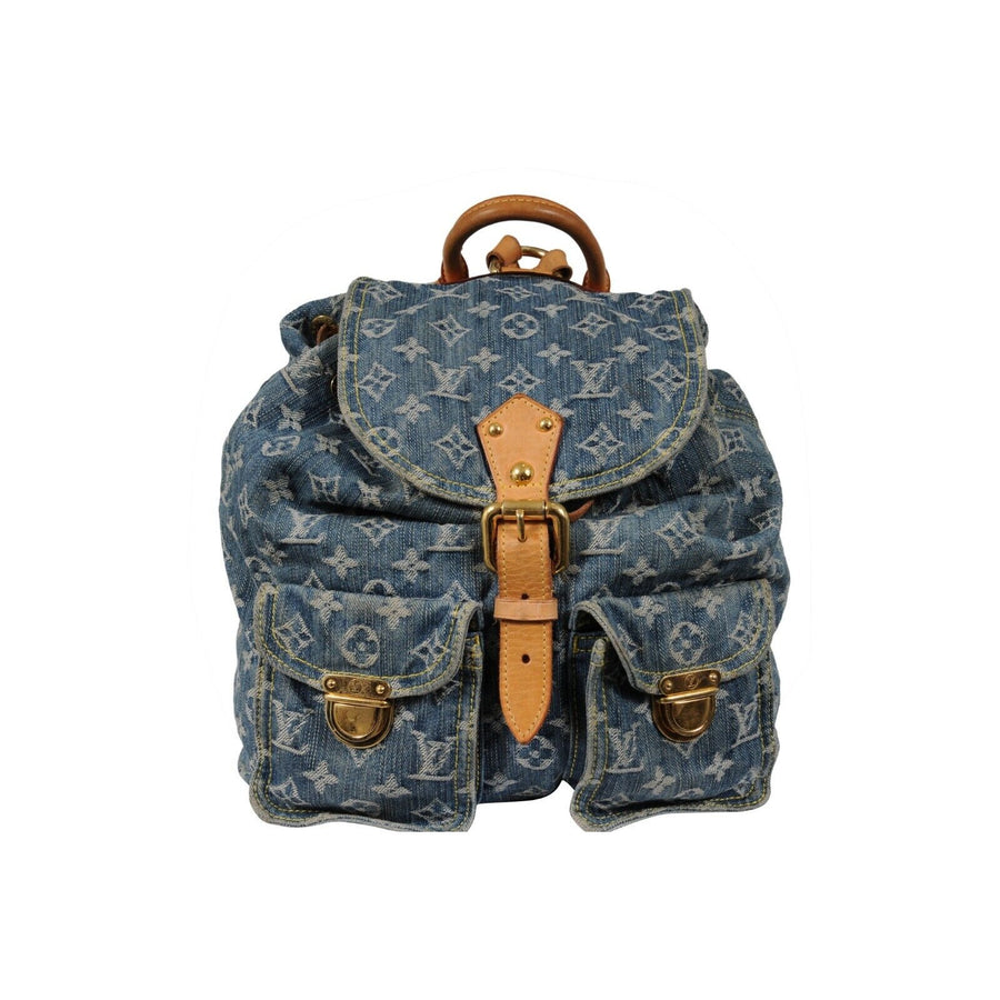 Sac A Dos GM Backpack Blue Denim LV Logo Monogram Gold Travel bag