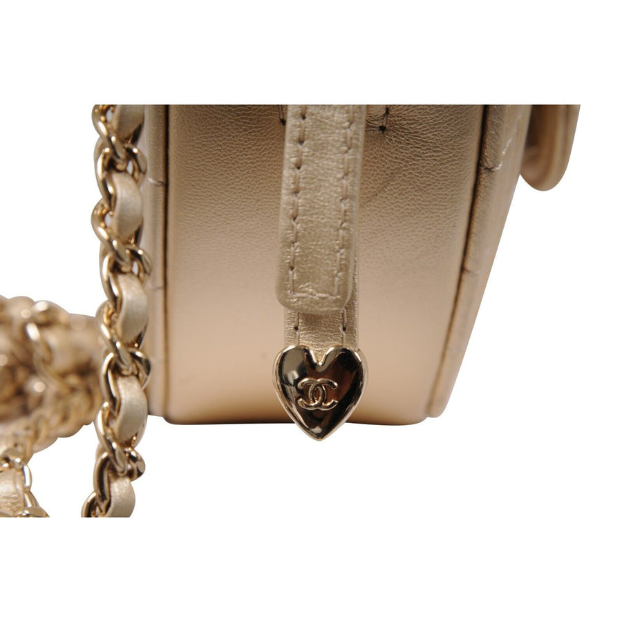 Chanel Womens Gold Metallic Lambskin Quilted CC Logo Large Heart Crossbody Bag