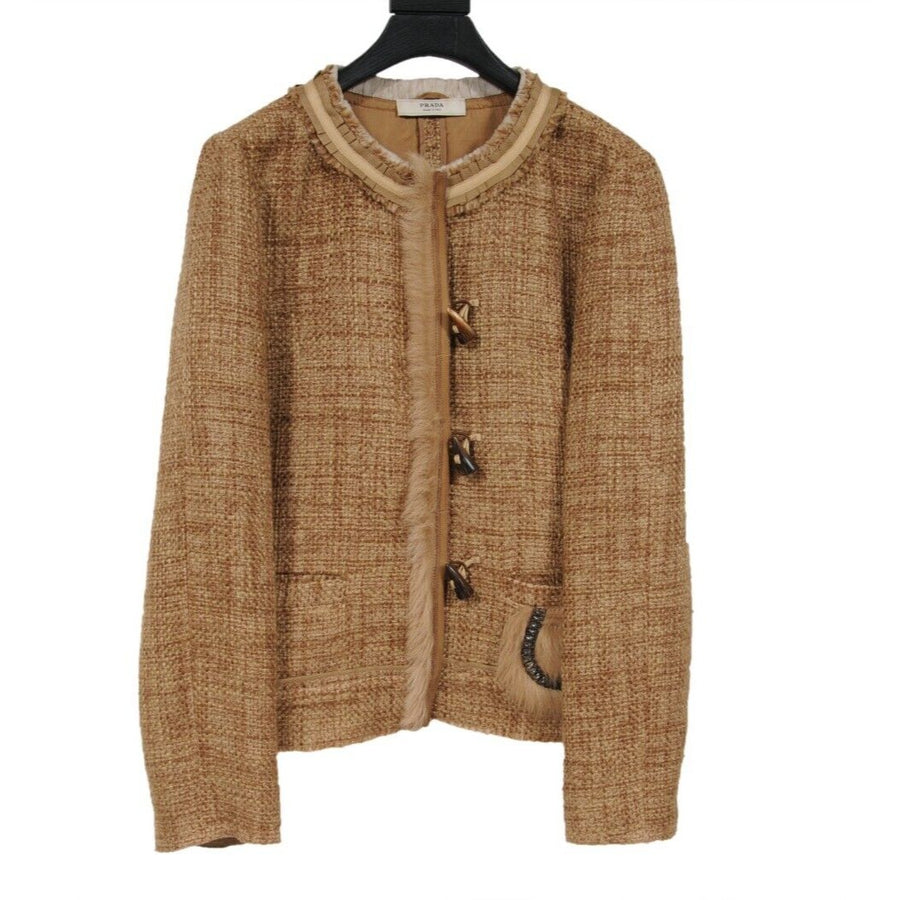 Prada Vintage Collarless Jacket  Brown Tan Wool Tweed Fur Trim