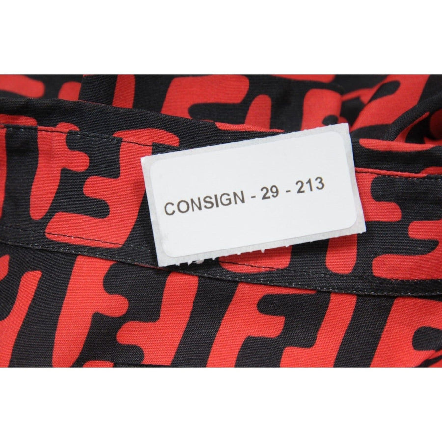 Fendi Men FF Logo Button Down Shirt Size 40 Large Black Red Viscose Short Sleeve Fendi 