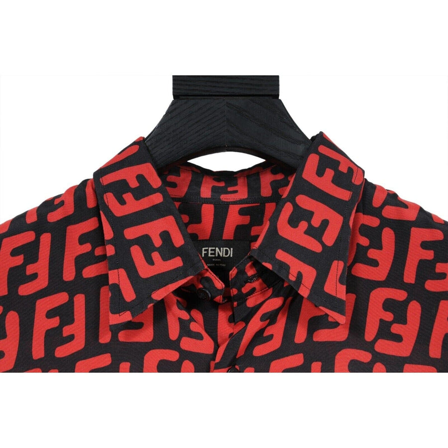Fendi Men FF Logo Button Down Shirt Size 40 Large Black Red Viscose Short Sleeve Fendi 