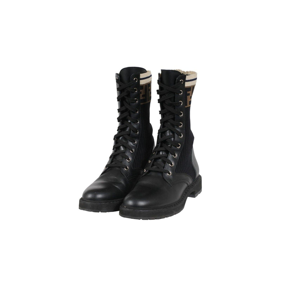 Fendi Womens Rockoko Combat Boots US 8 EU 38 Black Leather FF Zucca Logo Brown THE ECHELON