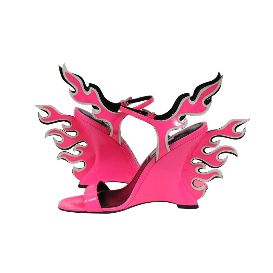 Flame Sandals Neon Pink Patent Leather Wedge Open Toe Heels Prada 