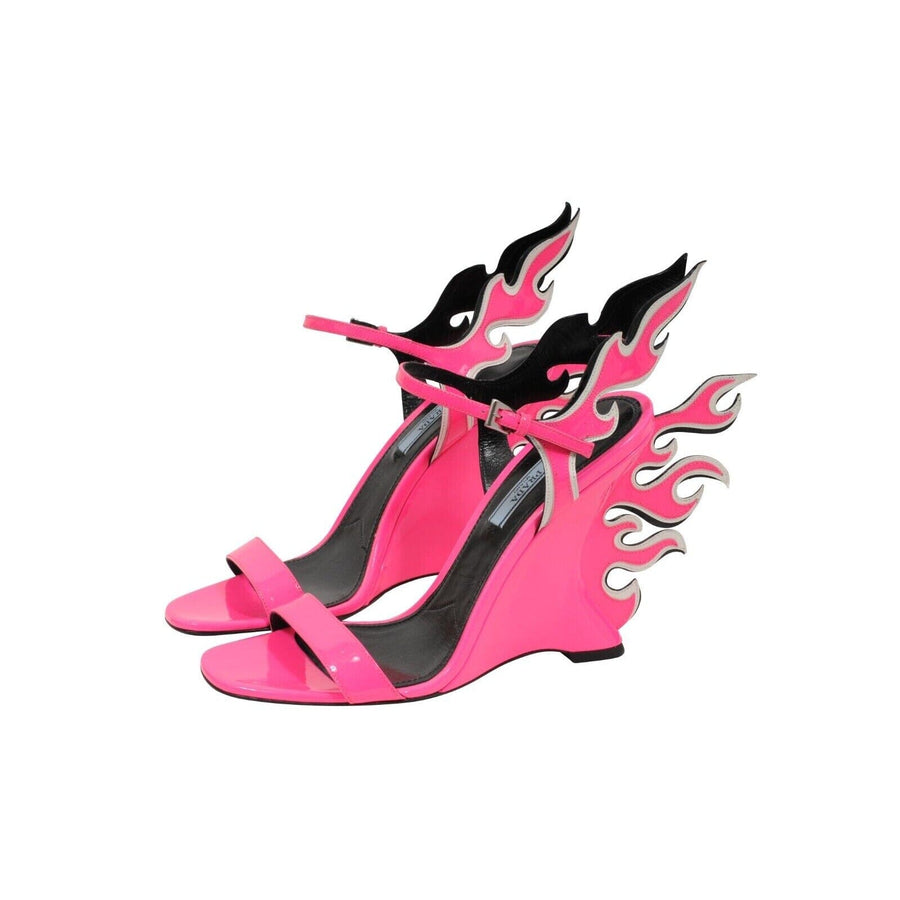 Flame Sandals Neon Pink Patent Leather Wedge Open Toe Heels Prada 